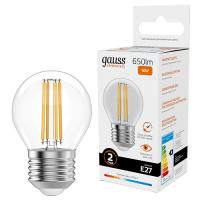 Лампа шар свд Е27 10Вт 2700К 650лм G45 прозрачный филамент Gauss