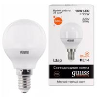 Лампа свд 220В E14 10Вт 3000К 890лм шар G45 матовая Gauss