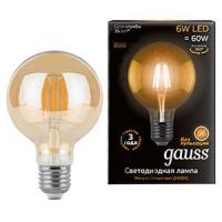 Лампа свд 220В E27 6Вт 2400К 550лм шар G95 золотистая филамент Gauss
