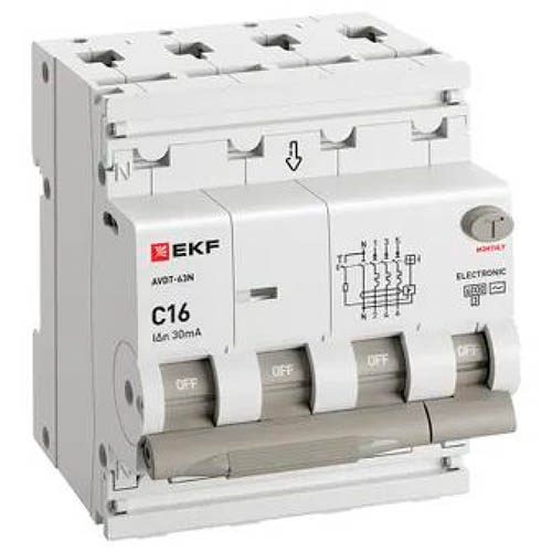 Дифавтомат 4Р 16А C тип AC 30мА 6кА 4мод АВДТ-63N EKF PROxima