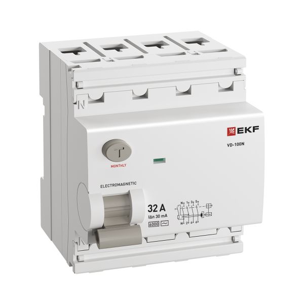 Выключатель дифференциальный (УЗО) 4Р 32А 30мА AC 6кА ВД-100N EKF PROxima