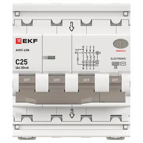 Дифавтомат 4Р 25А C тип AC 30мА 6кА 4мод АВДТ-63N EKF PROxima