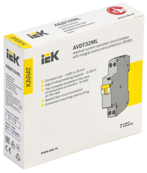 Дифавтомат 2Р 16А C тип A 30мА 6кА 1мод АВДТ32МL IEK KARAT