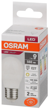 Лампа светодиодная Е27 7Вт 3000К 560лм шар G45 матовая  Osram LED Value