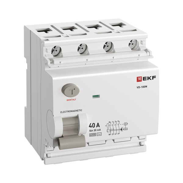 Выключатель дифференциальный (УЗО) 4Р 40А 30мА AC 6кА ВД-100N EKF PROxima